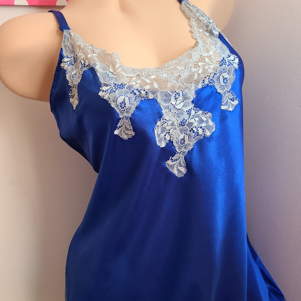 VTG Jones New York Silky Satin Lace Midi Slip Dress Size M Cobalt Blue - Picture 2 of 8